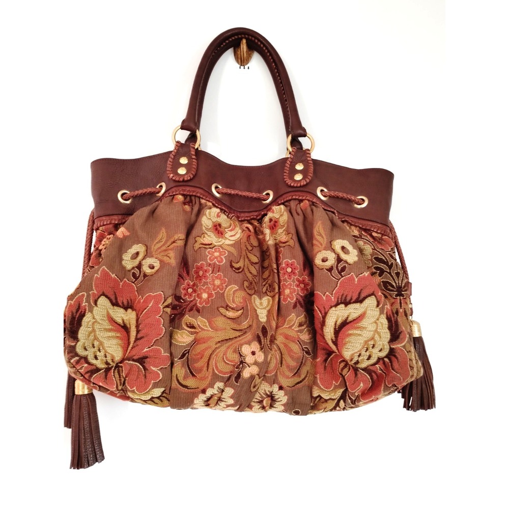 Isabella Fiore Floral Tapestry Satchel Handbag Brown Leather Trim Boho VTG Purse - Picture 6 of 16